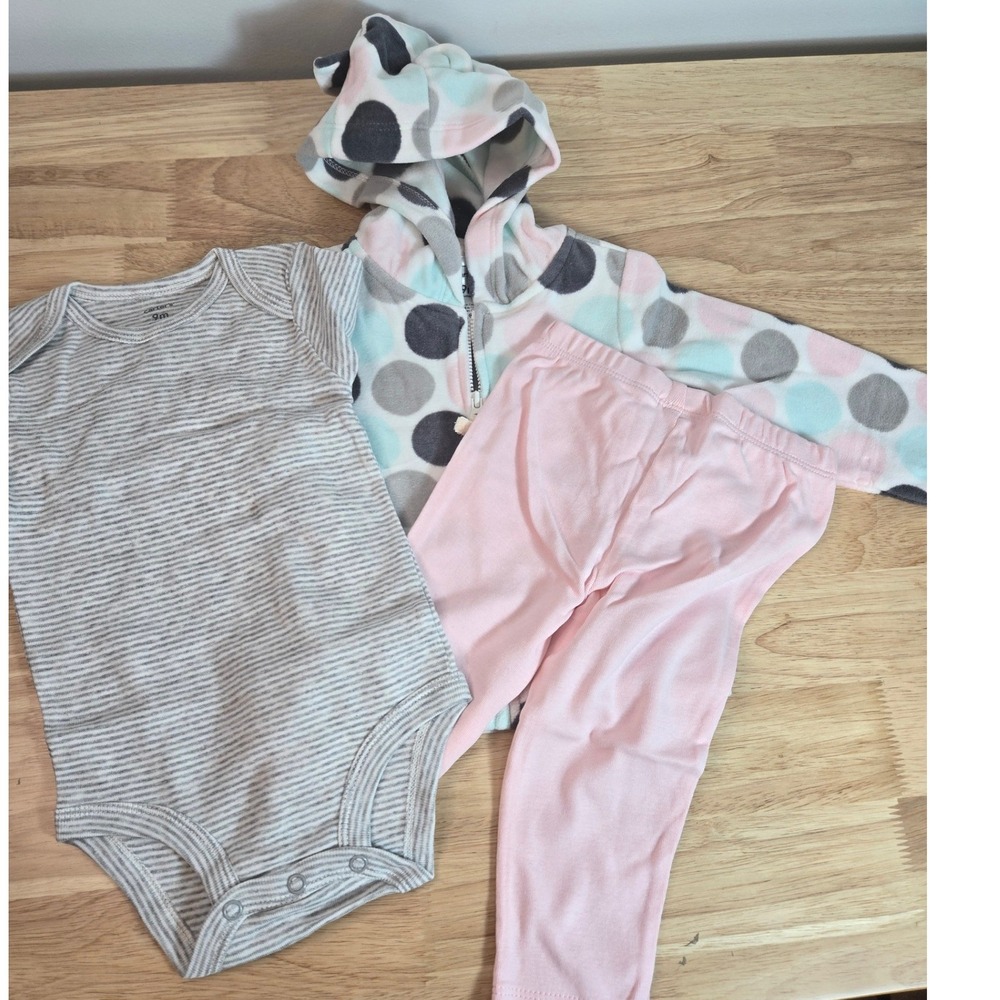 Carters Baby Girl 3 Piece Set Fleece Polka Dot Hoodie Bodysuit Leggings 9M NEW